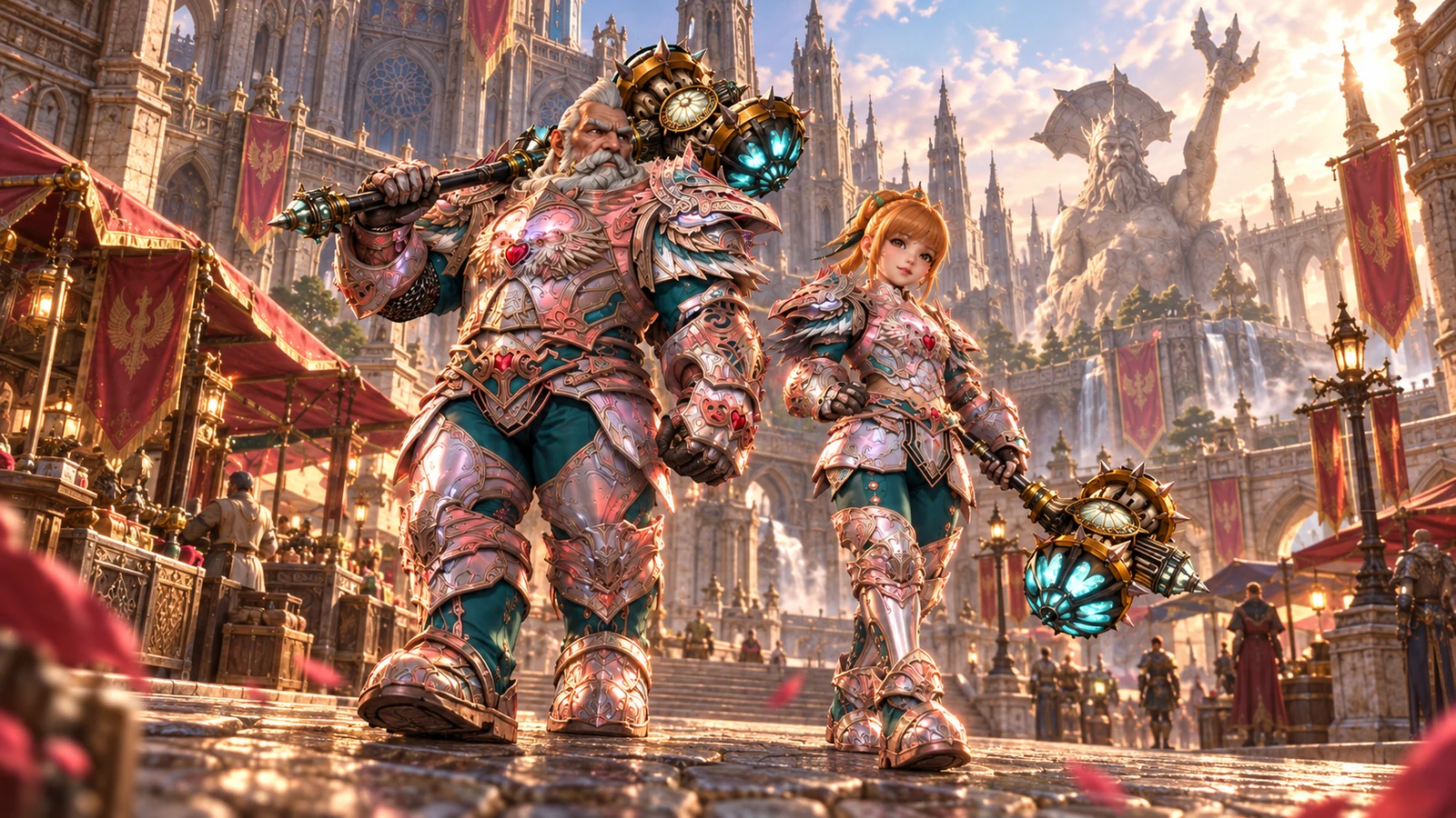 Illustration of dwarven heroes in a fantasy city